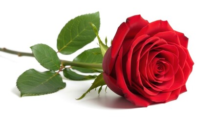 A single red rose with green leaves on a white background