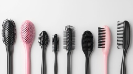3d render lineup of hairbrushes on white background