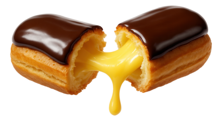 Eclair broken with lemon filling stretching between pieces