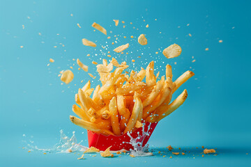 French fries on blue background