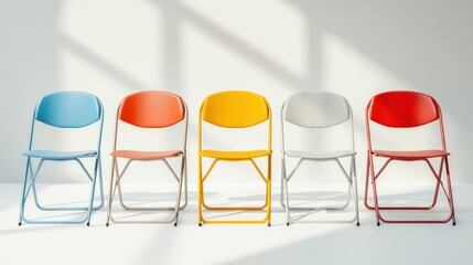 3d render lineup of folding chairs on white background