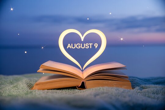 Open book reveals a heart shape with August ninth on a dreamy blue background, perfect for a date or special birthday.
