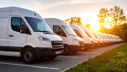 Row of white vans at sunset