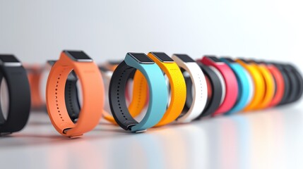 3d render lineup of fitness trackers on white background