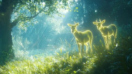 Two luminous deer stand in a sunlit forest clearing - Powered by Adobe