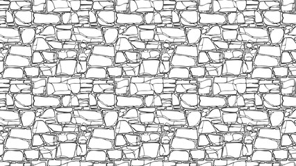 A seamless pattern of a stone wall with a black outline on a white background in a vector style