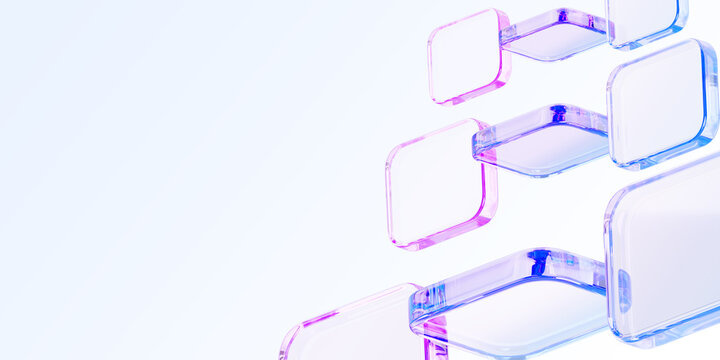 3d glass holographic transparent square plate shapes on abstract light blue background. Crystal geometric cube block pattern with pink purple gradient. Futuristic digital tech banner. 3D illustration