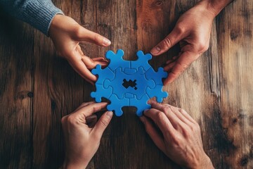 Top view of three diverse hands connecting blue hexagon puzzle pieces on wood table