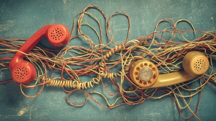 Two vintage telephones entangled in tangled wires on a textured surface