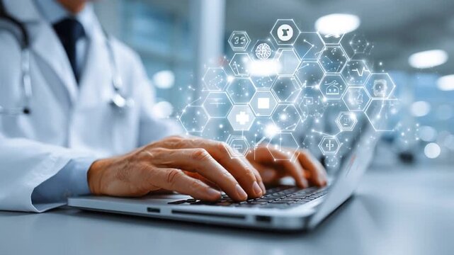 Doctor using laptop with futuristic medical software interface - Powered by Adobe