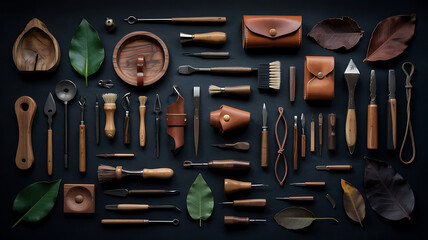 Collection of leatherworking tools and natural elements arranged on a dark surface