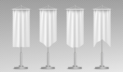 Medieval pennant banner set on stands - white blank fabric flags with different shapes and edges hanging from metal poles for castle decoration, tournament display or historical event mockup designs. © klyaksun