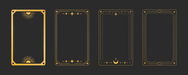 Golden tarot card frames with mystical ornaments - decorative borders with sun and moon symbols, stars and celestial elements on black bg. Magical divination templates for fortune telling deck design
