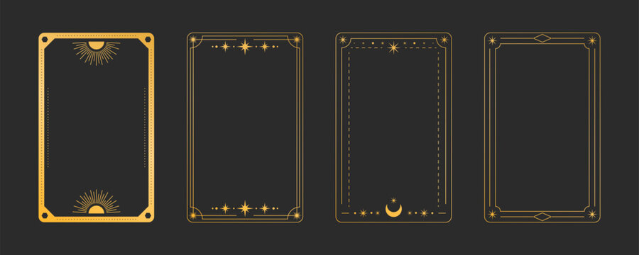 Golden tarot card frames with mystical ornaments - decorative borders with sun and moon symbols, stars and celestial elements on black bg. Magical divination templates for fortune telling deck design