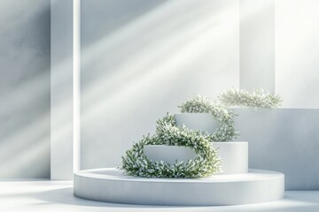 Three-tiered podium with shimmering wreaths and smooth spotlight effect on white stage