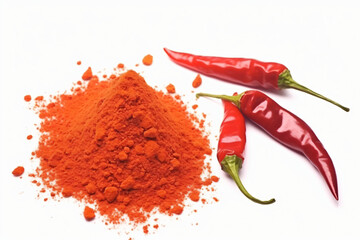 Red chili powder with fresh peppers for spicy cooking ingredients.