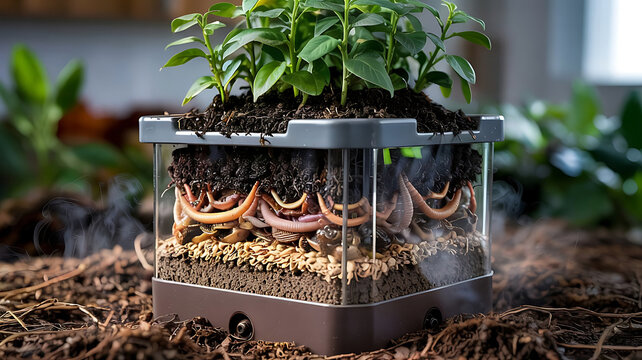 Worm farm ecosystem showing plant roots and composting worms in soil layers