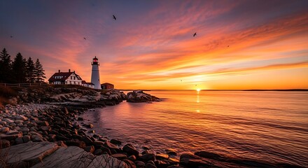 Majestic coastal landscape featuring a lighthouse at sunset with vibrant colors