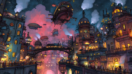 A bustling steampunk city with clockwork towers