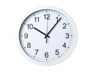 Modern white wall clock with black hands isolated on transparent background