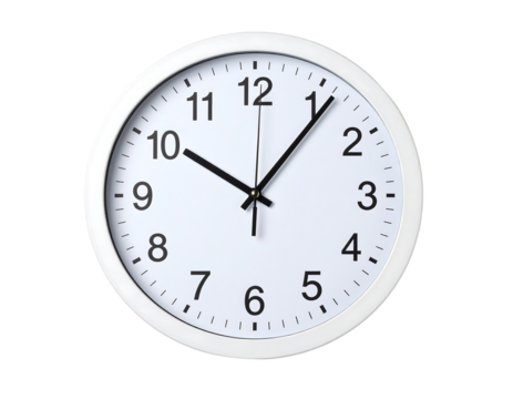 Modern white wall clock with black hands isolated on transparent background