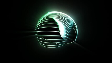 A glowing sphere with light trails on a black background, creates a futuristic design. - Powered by Adobe