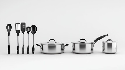 3d render lineup of cooking pots and pans on white background