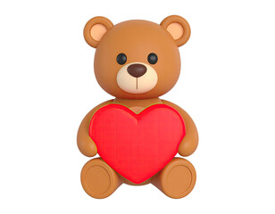 Naklejka premium Cute Teddy Bear Holding Red Heart for Love, Gift, and Romance Concept on White Background