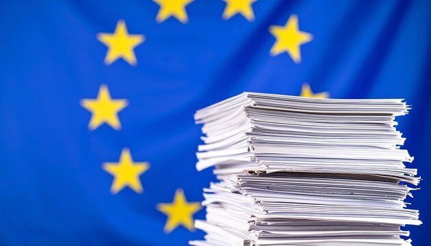 Stack of documents in front of an EU flag