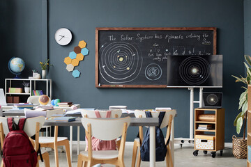 Classroom interior showing empty desks and chairs with backpacks hanging, chalkboard displaying solar system diagram, digital screen presenting planetary orbits, educational setting