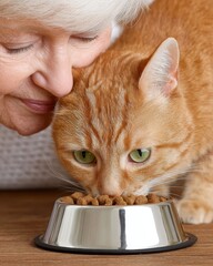 An elderly woman lovingly feeding her orange cat in a cozy setting.