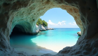 View from inside a coastal cave overlooking turquoise sea, white beach, and lush cliffs under a bright blue sky. Travel, nature, tourism ads, and scenic landscape design.