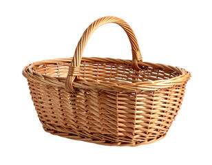 Woven wicker basket with handle isolated on transparent background