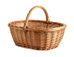Woven wicker basket with handle isolated on transparent background