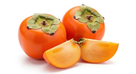 Vibrant orange persimmons with green leaves and sliced segments on white background