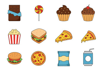 A cartoon of various unhealthy foods arranged in a fourbythree grid