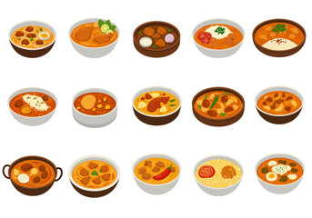 A collection of 15 bowls filled with curry showcasing a variety of colors textures and ingredients