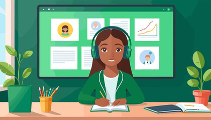 Young Woman Studying Online with Headphones in Modern Home Office Setting with Plants and Digital Screen