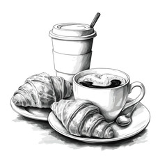 Elegant Black and White Illustration of Coffee and Croissants for a Classic Breakfast Setting