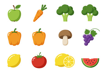 A collection of colorful fruit and vegetable icons are displayed on a white background