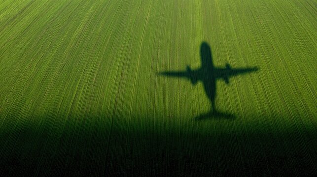 Airplane shadow on a grassy field
