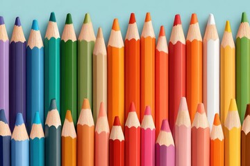 Colorful arrangement of sharpened pencils against a bright pastel background