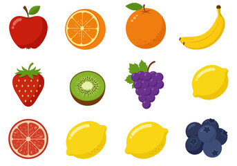 A collection of twelve fruit illustrations arranged in a grid