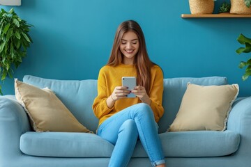 Obraz premium Technology and lifestyle, girl on couch with phone, online chatting concept