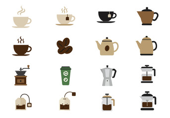 A grid of 16 beveragerelated icons featuring coffee cups teapots beans and brewing tools