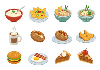 A grid of various foods including noodles potatoes burgers and pies with plates and bowls