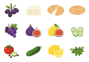 An arrangement of olives grapes cheese bread figs lemons cucumbers tomato and herbs are displayed