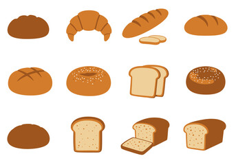 An array of 12 cartoon bread illustrations with varied types and browning levels on a plain white background