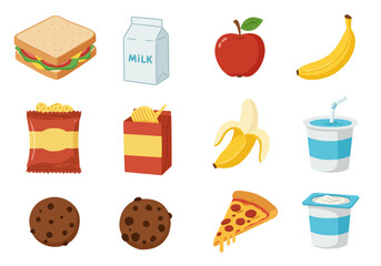 An array of colorful foods including fruits snacks sandwiches and drinks