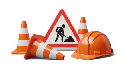 Construction safety gear and warning sign on a white background
